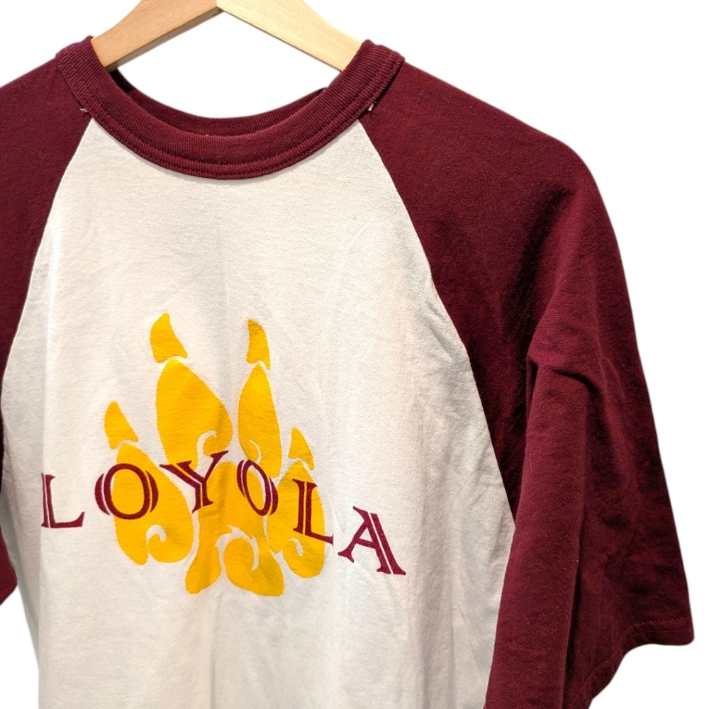 Vintage Loyola University Wolves Raglan Baseball Tee Sportswear Gold Maroon L - Picture 3 of 10